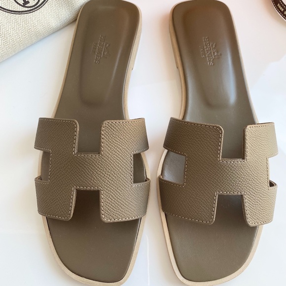 HERMES H ORAN SANDALS ETOUPE EPSOM LEATHER FLIP FLOPS SHOES FLAT SLIDES 38 - Picture 6 of 13